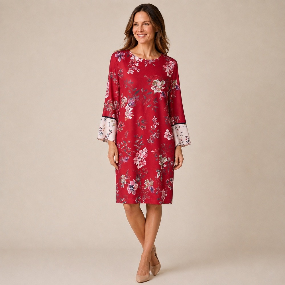 J.Jill Red Floral Shift Dress S 3/4 Bell‎ Sleeve Contrast Cuff Midi Boho Travel